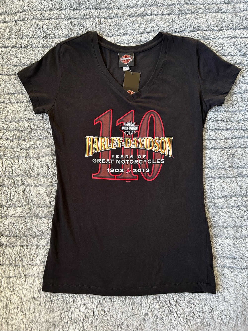 NWT Harley-Davidson 110th Anniversary Black V Neck T-Shirt